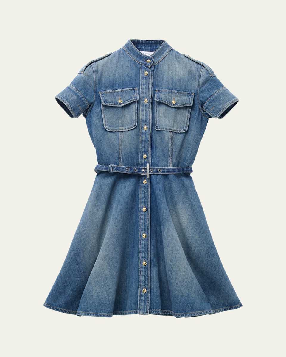 Short-Sleeve Belted Denim Mini Shirtdress